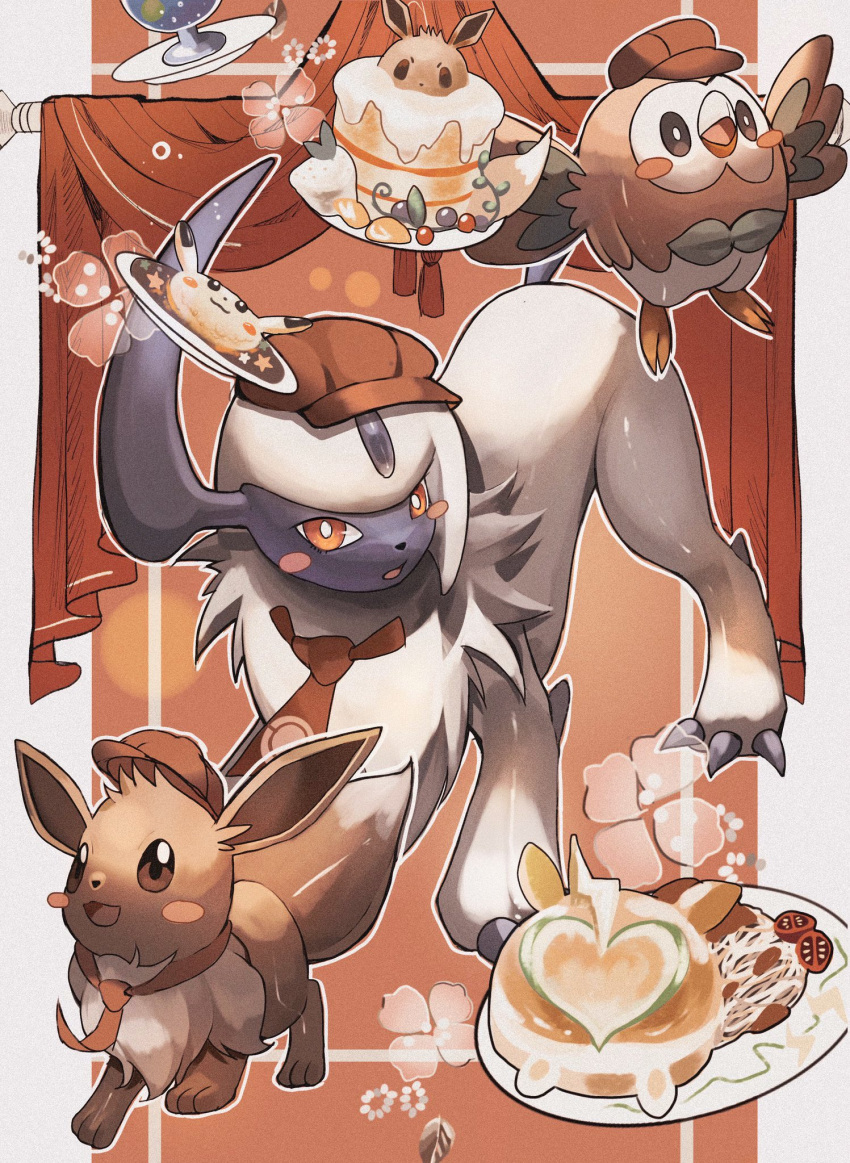 absol animal_focus bird brown_headwear cake claws eevee food forehead_jewel globe hat highres horns necktie no_humans open_mouth orange_background owl pillarboxed plate pokemon pokemon_(creature) red_eyes red_necktie reo_(mmocc123) rowlet single_horn solid_oval_eyes tail tomato white_fur yamper