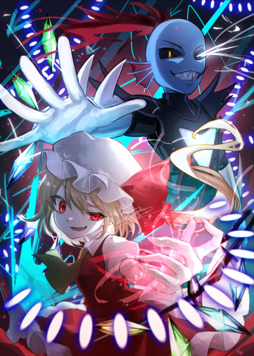 2girls absurdres ascot black_sclera blonde_hair blue_skin collared_shirt colored_sclera colored_skin crossover crystal danmaku fang fingernails flandre_scarlet grin hat highres long_hair mob_cap multiple_girls one_eye_closed open_mouth puffy_short_sleeves puffy_sleeves red_eyes red_skirt red_vest rokuya_(68_zusao) sharp_teeth shirt short_sleeves skin_fang skirt smile teeth touhou undertale undyne undyne_the_undying vest white_headwear white_shirt wings yellow_ascot