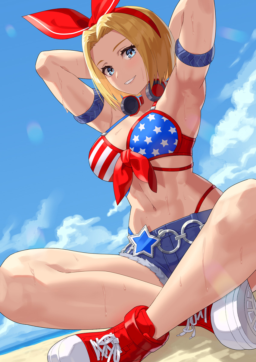 1girl abs american_flag american_flag_bikini american_flag_print armpits arms_behind_head bare_shoulders beach bikini blonde_hair blue_eyes blue_mary bob_cut bow breasts fatal_fury flag_print front-tie_bikini_top front-tie_top hair_bow headphones headphones_around_neck highres large_breasts looking_at_viewer midriff muscular navel shoes short_hair short_shorts shorts smile sneakers snk solo sweat swimsuit the_king_of_fighters the_king_of_fighters_all-stars yagi2013