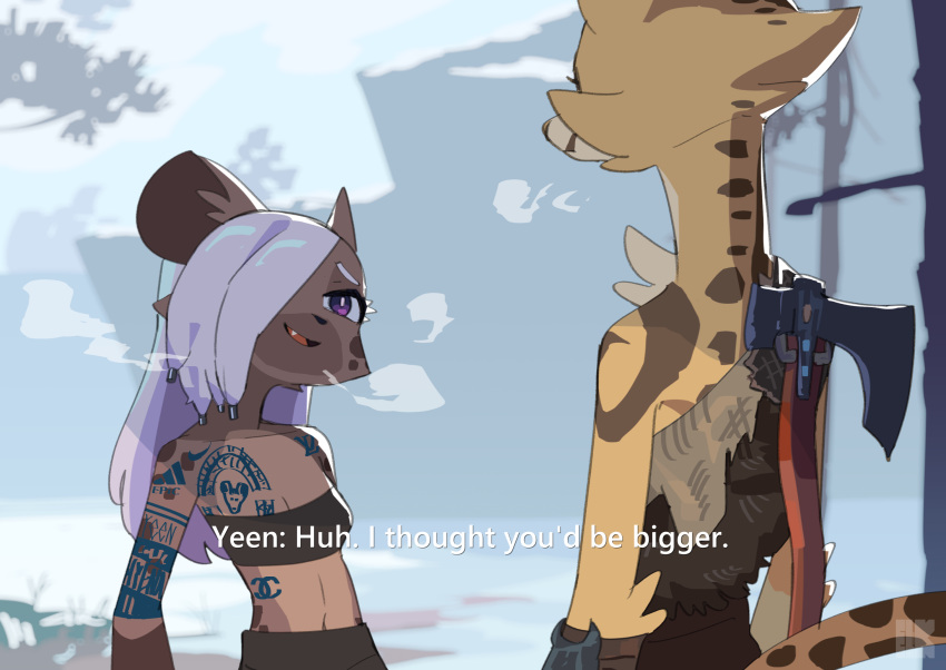 akino_(kemokin_mania) anthro arm_tattoo axe breasts cheetah clothed clothing crossover dialogue digital_media_(artwork) duo english_text felid feline female fur god_of_war hair hair_over_eye hi_res hyena jk_(kemokin_mania) kemokin_mania kratos larger_female long_hair mammal one_eye_obstructed open_mouth purple_eyes rear_view shoulder_tattoo size_difference smaller_female smile snaggle_tooth sony_corporation sony_interactive_entertainment spots spotted_hyena tattoo text topwear tuft weapon weapon_on_back
