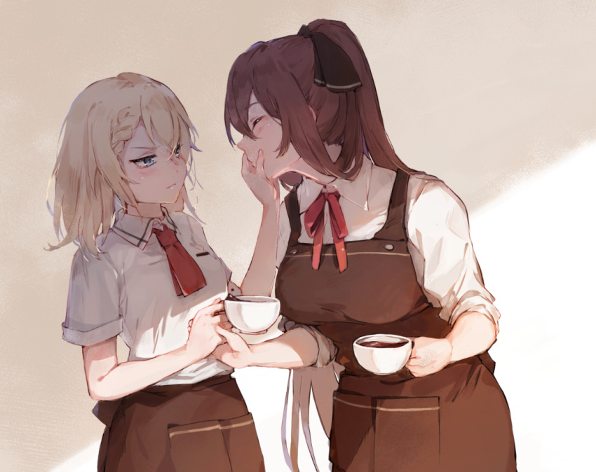 2girls apron blonde_hair blue_eyes blush braid braided_bangs breasts brown_apron brown_hair closed_eyes coffee collared_shirt commentary_request cup g36_(girls'_frontline) g36_(mod3)_(girls'_frontline) girls'_frontline hair_between_eyes hair_ribbon hair_rings holding holding_cup imoko_(imonatsuki) large_breasts long_hair medium_breasts multiple_girls neck_ribbon ponytail red_ribbon rejected_kiss ribbon shirt short_hair sidelocks sleeves_rolled_up springfield_(girls'_frontline) teacup very_long_hair waitress white_shirt yuri