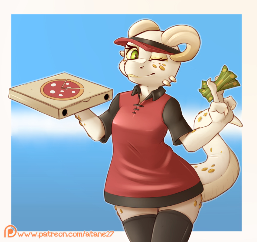 2019 anthro atane27 banknote blue_background border breasts claws clothed clothing curled_horn delivery_(commerce) delivery_employee eyelashes female food_carrier food_delivery front_view green_eyes hat headgear headwear holding_money holding_object holding_pizza_box horn kobold legs_together legwear looking_at_viewer money one_eye_closed ora_(peewee) outline pizza_box pizza_delivery pizza_delivery_carrier portrait pupils scalie simple_background slit_pupils smile solo standing text thigh_highs three-quarter_portrait uniform url visor_cap white_border white_claws white_horn wide_hips wink winking_at_viewer