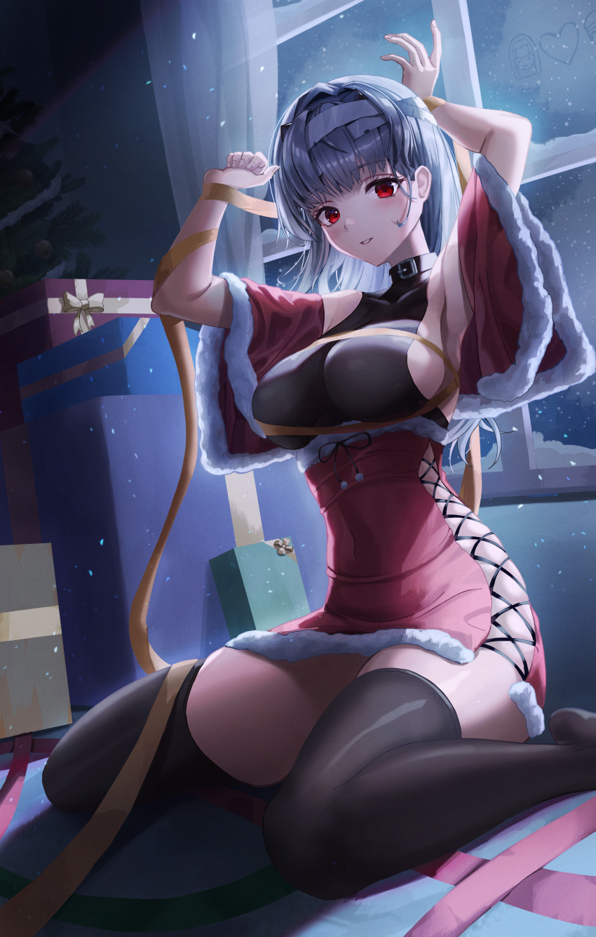1girl absurdres black_gloves christmas commentary detached_sleeves elbow_gloves gift gloves goddess_of_victory:_nikke grey_hair grey_hairband hair_between_eyes hairband hands_up highres long_hair looking_at_viewer modernia_(nikke) parted_lips red_eyes ribbon skindentation slime_nyang smile solo thighhighs very_long_hair