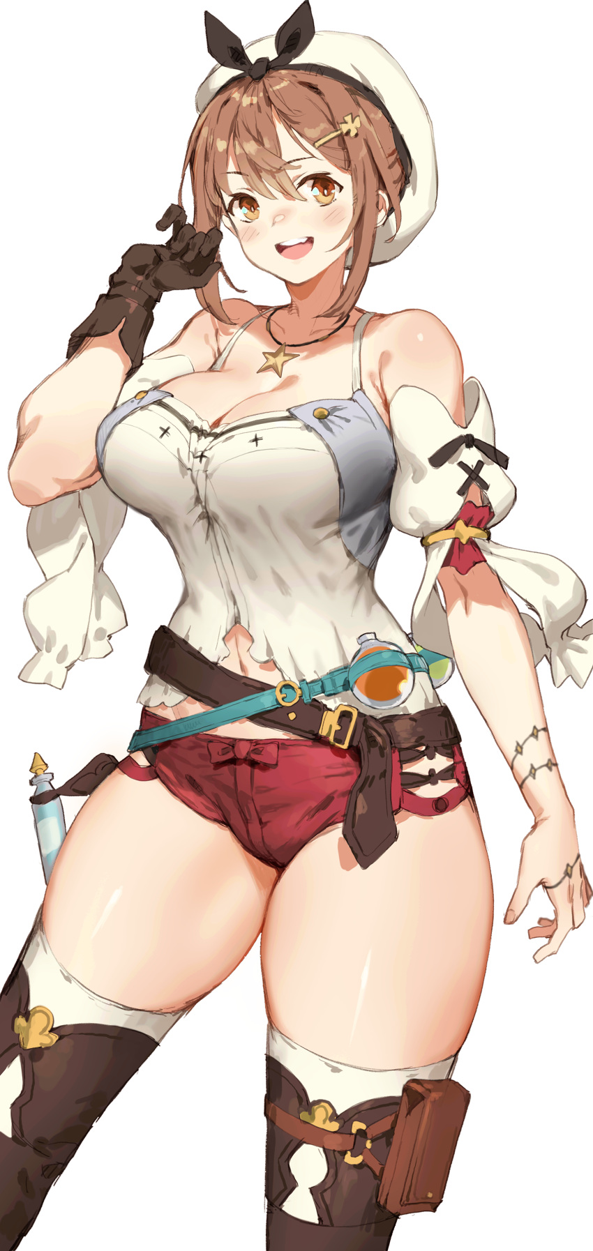 1girl absurdres atelier_(series) atelier_ryza atelier_ryza_1 bare_shoulders belt beret blush boots breasts brown_hair cleavage codename47 collarbone detached_sleeves gloves hat highres large_breasts looking_at_viewer loose_belt navel potion red_shorts reisalin_stout shirt short_shorts shorts sidelocks simple_background single_glove sleeveless sleeveless_shirt smile solo teeth thick_thighs thigh_boots thighs upper_teeth_only white_background white_headwear