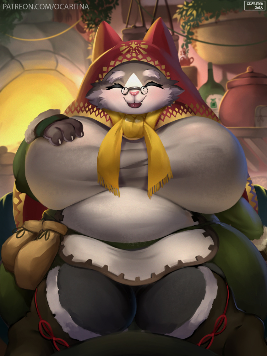 2023 anthro artist_name big_breasts breasts capcom clothed clothing digital_media_(artwork) eyes_closed eyewear felid felyne female glasses grammeowster_chef hand_on_breast hi_res inside looking_at_viewer lynian mammal mature_anthro mature_female monster_hunter ocaritna palico solo text thick_thighs tongue tongue_out url