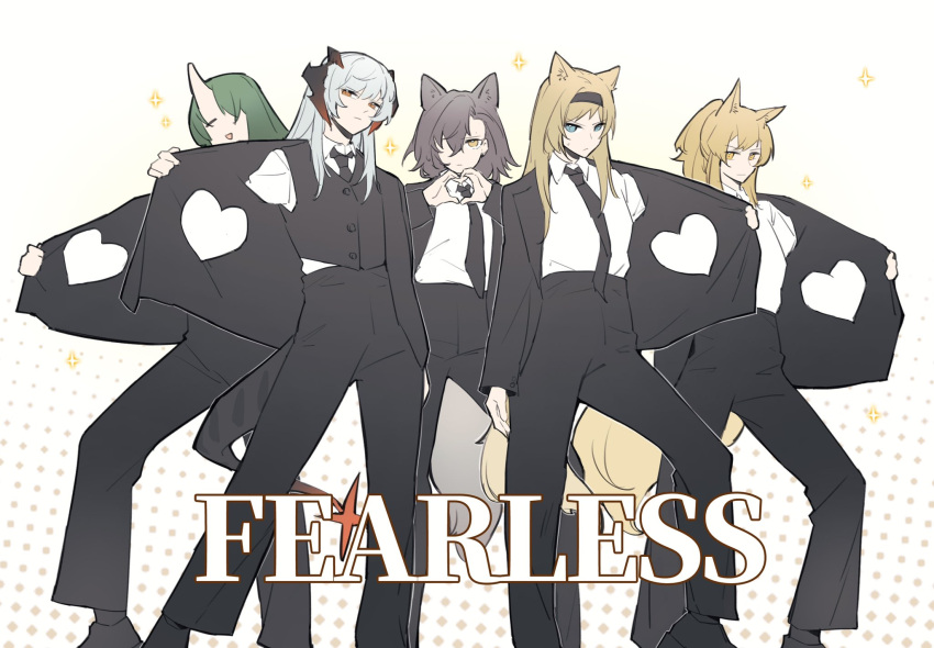 5girls akechi_(826988799) alternate_costume animal_ears arknights black_hairband black_jacket black_necktie black_pants black_vest blonde_hair blue_eyes brown_hair chinese_commentary closed_eyes collared_shirt commentary_request english_text feet_out_of_frame grey_hair hair_over_one_eye hairband heart heart_hands highres horn_(arknights) horns hoshiguma_(arknights) jacket le_sserafim long_hair long_sleeves looking_at_viewer multiple_girls nearl_(arknights) necktie open_mouth orange_eyes pants penance_(arknights) ponytail saria_(arknights) shirt single_horn skin-covered_horns smile sparkle tail vest white_background white_shirt yellow_eyes