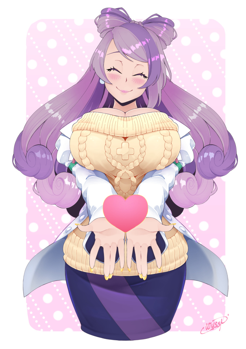 1girl blush breasts cleavage closed_eyes earrings flower_earrings heart highres jewelry lab_coat large_breasts light_purple_hair long_hair long_sleeves miriam_(pokemon) off-shoulder_sweater off_shoulder pink_lips pokemon pokemon_(game) pokemon_sv purple_skirt ribbed_sweater skirt striped striped_skirt sweater swept_bangs weepinbelly yellow_nails yellow_sweater