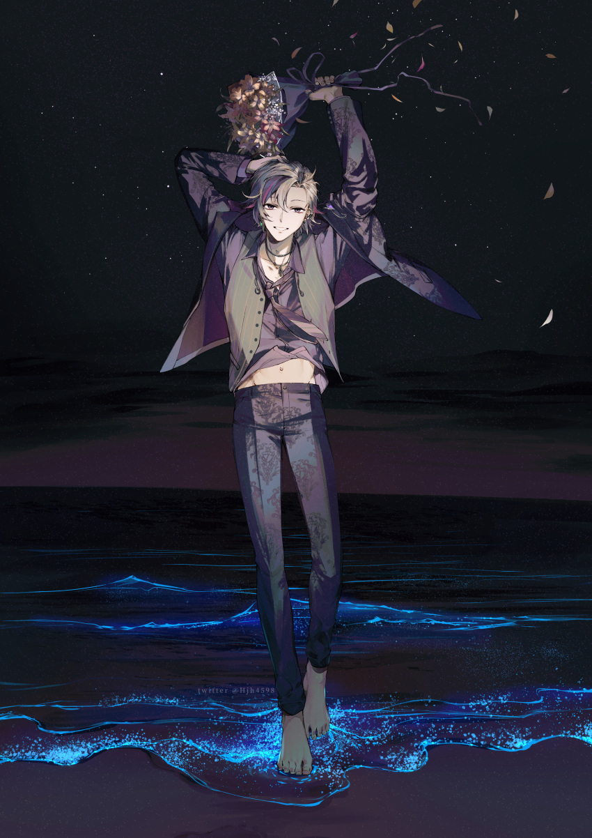 1boy absurdres barefoot black_jacket black_pants bouquet clip_studio_paint_(medium) cloud collared_shirt commentary_request dress_shirt flower fuwa_minato grey_hair grey_vest hair_between_eyes highres holding holding_bouquet horizon jacket jh looking_at_viewer male_focus multicolored_hair navel necktie night night_sky nijisanji ocean open_clothes open_jacket open_vest outdoors pants parted_bangs petals purple_eyes purple_hair purple_necktie purple_shirt red_flower red_hair shirt sky smile solo streaked_hair vest virtual_youtuber water yellow_flower