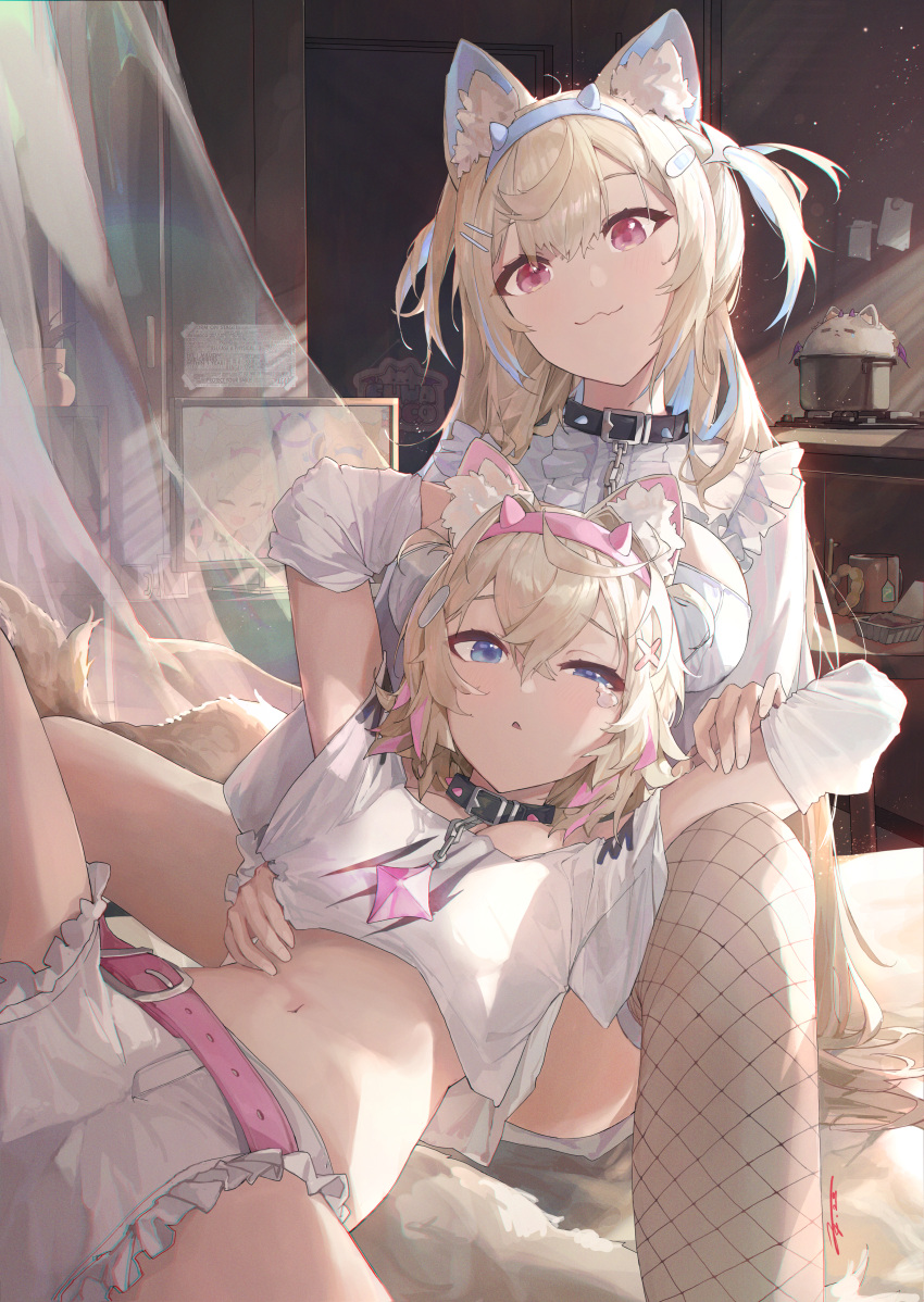 2girls :3 absurdres animal_ear_fluff animal_ears bandaid_hair_ornament belt belt_collar black_belt blonde_hair blue_eyes blue_hair blue_headband breasts cleavage_cutout clothing_cutout collar colored_inner_animal_ears cropped_shirt dog_ears dog_girl dress frilled_shorts frills fuwawa_abyssgard hair_ornament hairpin headband highres hololive hololive_english jushoro large_breasts long_hair looking_at_viewer medium_hair midriff mococo_abyssgard multicolored_hair multiple_girls navel perroccino_(fuwamoco) pink_eyes pink_hair pink_headband shirt short_shorts shorts siblings single_fishnet_legwear sisters smile spiked_collar spikes streaked_hair twins two_side_up virtual_youtuber white_dress white_shirt white_shorts x_hair_ornament