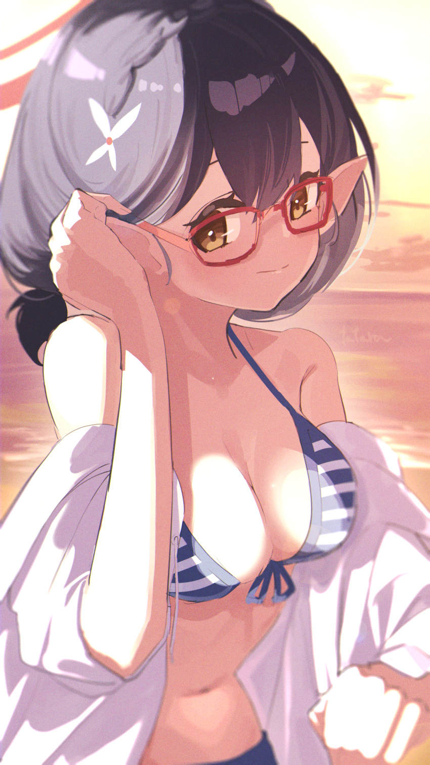 1girl artist_request ayane_(blue_archive) ayane_(swimsuit)_(blue_archive) bare_arms bare_shoulders beach bikini black_hair blue_archive blue_bikini blue_shorts braid breasts cleavage clothes_pull collarbone cowboy_shot french_braid front-tie_bikini_top front-tie_top frown game_cg glasses halo halterneck highres looking_at_viewer medium_breasts medium_hair navel official_alternate_costume official_art open_clothes open_fly open_mouth pointy_ears red-framed_eyewear short_shorts shorts shorts_pull side-tie_bikini_bottom solo source_request stomach string_bikini striped striped_bikini sunset swimsuit tatara_(alnath_may) yellow_eyes