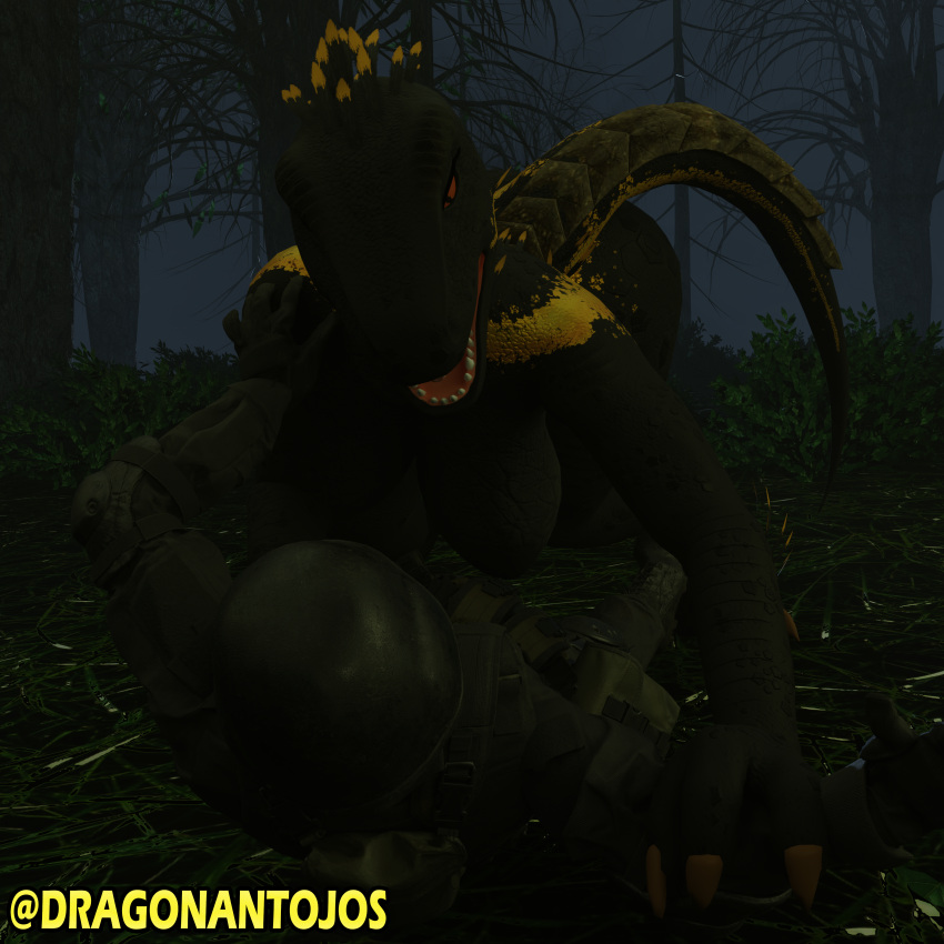 absurd_res anthro black_body blender_(software) blue_(jurassic_world) breasts claws clothing detailed_background dinosaur dominant dragonantojos duo female forest furromantic hi_res humanoid jurassic_park jurassic_world male male/female military_uniform night orange_eyes plant reptile scalie toe_claws tree uniform universal_studios yellow_body