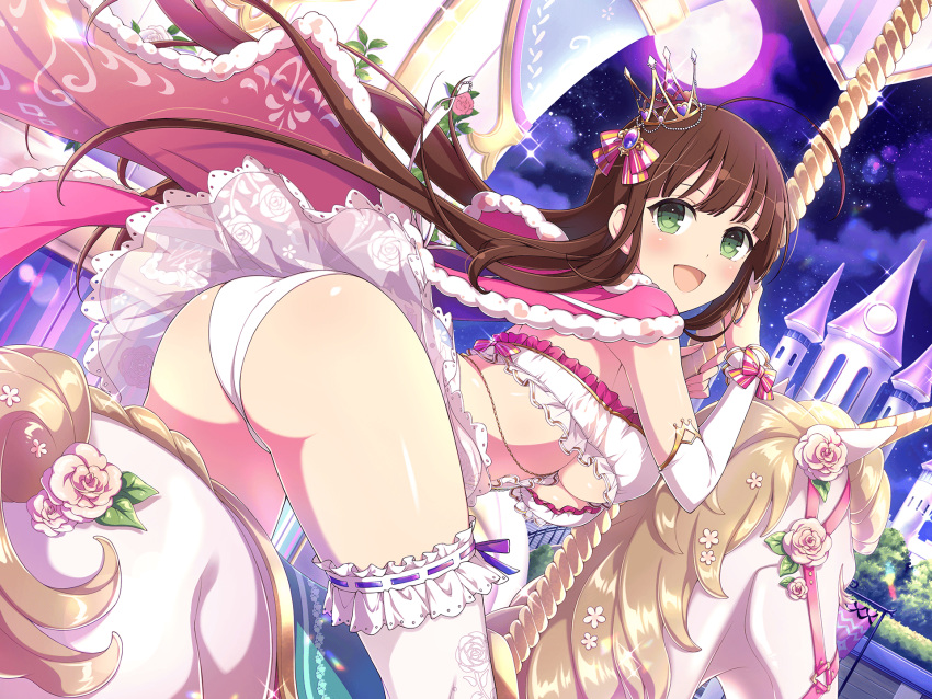 1girl ahoge ass blush bow bra breasts bridle brown_hair bush cape carousel castle chain cloud crown detached_sleeves emblem floral_print flower frilled_bra frilled_sleeves frilled_thighhighs frills from_behind full_moon fur_trim gem gold gold_chain green_eyes hair_bow hair_ornament heart heart-shaped_gem heart_print highres holding holding_pole horse horseback_riding lace-trimmed_skirt lace_trim large_breasts leaf lens_flare long_hair looking_at_viewer looking_back mini_crown moon multicolored_bow night night_sky official_alternate_costume official_art open_mouth outdoors panties pearl_(gemstone) pink_bow pink_cape pink_flower pink_rose plant pole purple_gemstone railing ribbon-trimmed_thighhighs ribbon_trim riding rose rose_print saddle senran_kagura senran_kagura_new_link shiny_skin shuriken_print skirt sky smile solo sparkle stairs star_(sky) starry_sky thighhighs tower tree ui_(senran_kagura) underboob underwear unicorn white_bow white_bra white_horse white_panties white_thighhighs wrist_bow yaegashi_nan yellow_bow