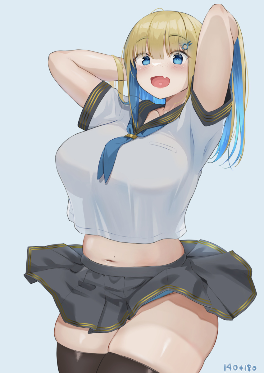 1girl :d arms_up aymusk black_sailor_collar black_skirt black_thighhighs blonde_hair blue_background blue_eyes blue_hair blue_neckerchief blue_panties blunt_bangs blush breasts collarbone colored_inner_hair curvy fang freckles freckles-chan_(aymusk) hair_ornament hands_in_own_hair highres large_breasts long_hair looking_at_viewer multicolored_hair navel neckerchief open_mouth original panties pleated_skirt rabbit_hair_ornament sailor_collar school_uniform see-through serafuku shirt short_sleeves simple_background skin_fang skindentation skirt smile solo thick_thighs thighhighs thighs two-tone_hair underwear uniform white_shirt