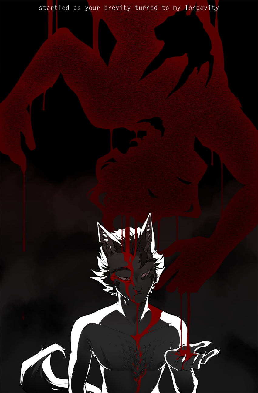 animal_humanoid backlighting blood blood_drip blood_on_face blood_on_hand bodily_fluids body_hair boyfriend_to_death canid canid_humanoid canine canine_humanoid chest_hair claws english_text fluffy fluffy_tail fox_humanoid gatobob hi_res human humanoid light lighting male mammal mammal_humanoid ren_hana shirtless silhouette strade_(gatobob) tail text