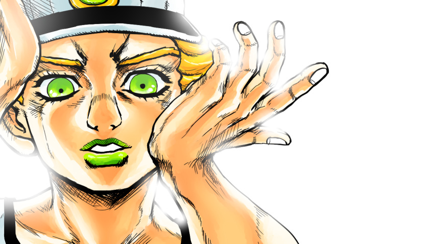 1boy baseball_cap blonde_hair emporio_alnino green_eyes green_lips hand_on_another's_cheek hand_on_another's_face hat jojo_no_kimyou_na_bouken male_child metamin_(memethah) migikata_no_chou_(vocaloid) official_style parody pov pov_hands solo_focus stone_ocean