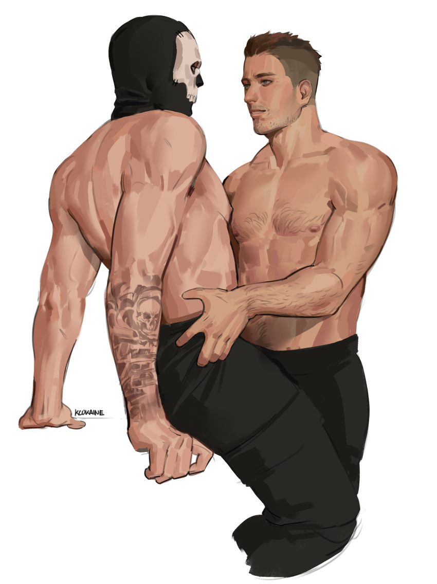 2boys absurdres arm_tattoo artist_name bara black_hair black_pants call_of_duty call_of_duty:_modern_warfare_2 couple facial_hair ghost_(modern_warfare_2) hands_on_another's_hips highres iba_(kcokaine) large_pectorals looking_at_another male_focus mask multiple_boys muscular muscular_male nipples pants pectorals short_hair sidecut simple_background skull_mask soap_(modern_warfare_2) tattoo white_background yaoi