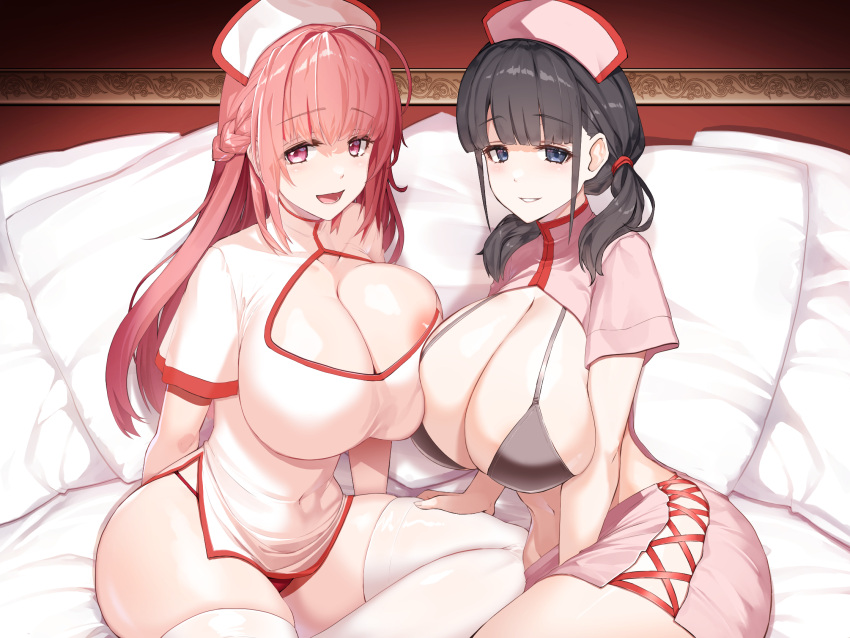 2girls ahoge arm_support bed bed_sheet black_bra black_eyes black_hair blunt_bangs bra braid breast_press breasts cleavage cleavage_cutout clothing_cutout dress grin hair_tie hand_on_another's_thigh hat highres huge_breasts long_hair meth_(emethmeth) multiple_girls non-web_source nurse nurse_cap on_bed open_mouth original pillow pink_shirt pink_skirt red_eyes red_hair shirt sitting skirt smile take_your_pick thighhighs twintails underwear white_dress white_thighhighs