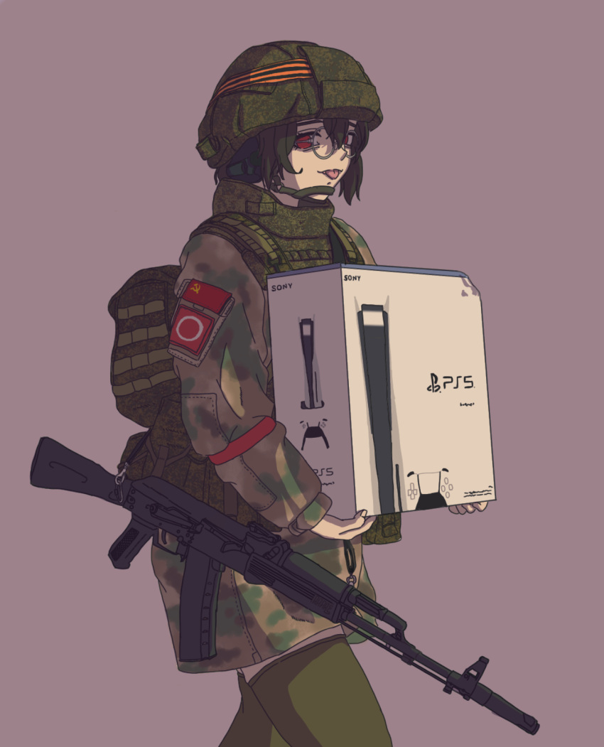 1girl ak-74 assault_rifle b1-517 backpack bag black_hair body_armor carrying chin_strap game_console glasses gun helmet highres kalashnikov_rifle military original playstation_5 red_eyes rifle soviet_flag tactical_clothes tongue tongue_out weapon