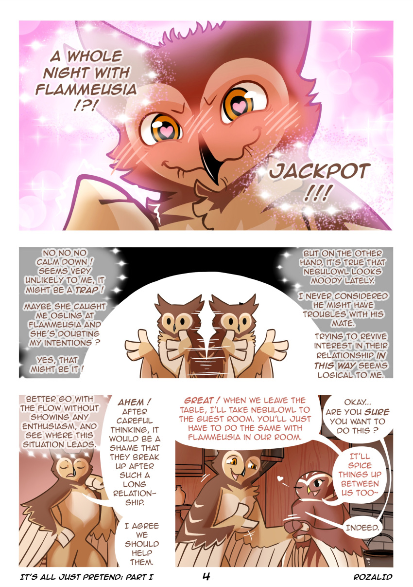 &lt;3 &lt;3_eyes absurd_res anthro athene_(bird) atheniv avian beak bird bite biting_lip blush brown_body bubble_speech bubo_(genus) bubowl colored comic detailed_background dialogue duo english_text eurasian_eagle-owl feathered_wings feathers female hand_holding heart_(marking) hi_res kitchen little_owl looking_at_another looking_at_partner male owl propositioning red_body rozalid simple_background simple_eyes swingers text true_owl wings