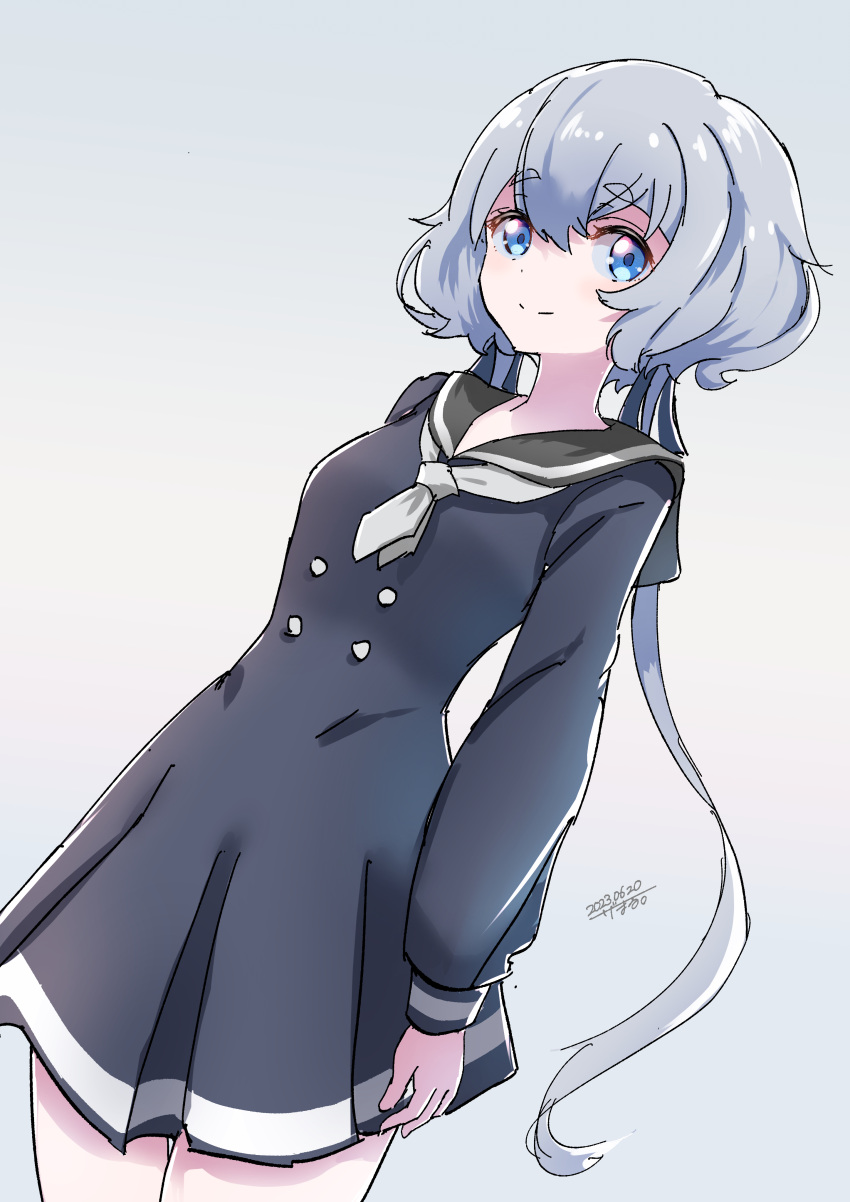 1girl absurdres black_dress black_sailor_collar blue_eyes closed_mouth dress gamer_u3 grey_hair highres konno_junko long_hair low_twintails neckerchief sailor_collar smile solo twintails white_neckerchief zombie_land_saga