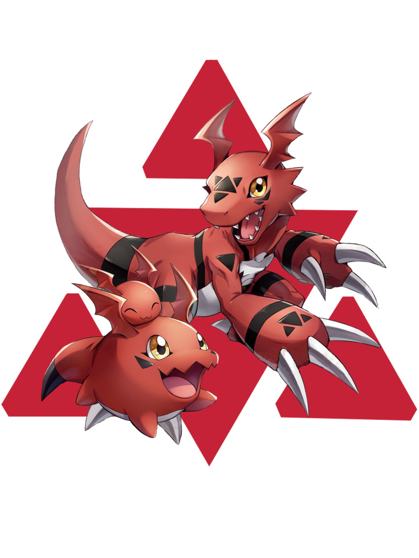 3others absurdres claws closed_eyes digimon digimon_(creature) digital_hazard evolutionary_line gigimon guilmon highres jyarimon logo looking_at_another multiple_others no_humans open_mouth shadowgarion simple_background transparent_background wings yellow_eyes