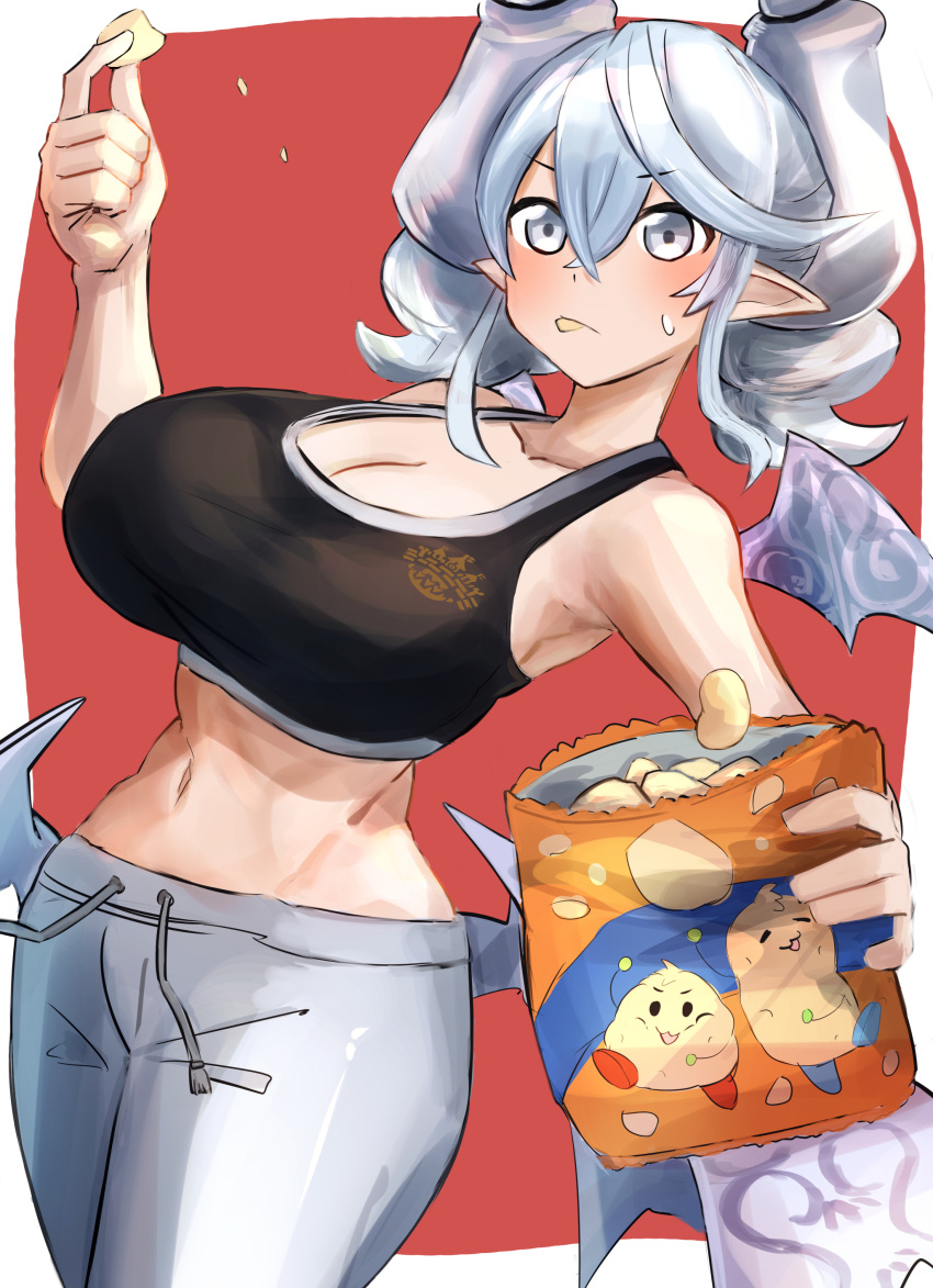 1girl absurdres alternate_costume breasts calbee_(potato_chips) chips_(food) cleavage commission demon_girl demon_horns demon_wings duel_monster dutch_angle eating food grey_eyes gym_pants hatano_kiyoshi highres holding holding_food horns huge_breasts lovely_labrynth_of_the_silver_castle midriff navel potato_chips skeb_commission sports_bra standing twintails white_hair wings yu-gi-oh!