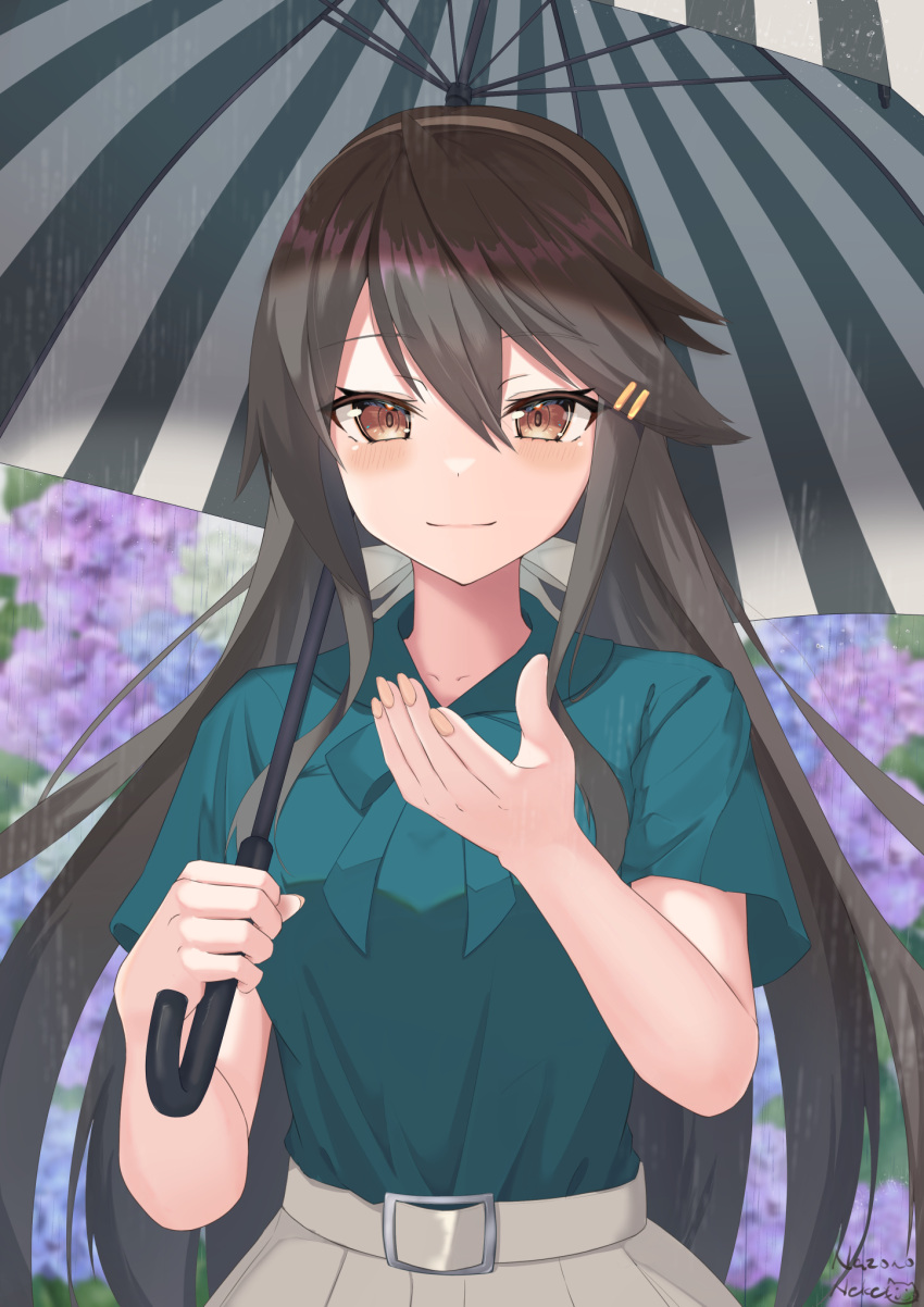 1girl black_hair blue_flower blush brown_eyes closed_mouth flower green_shirt grey_skirt hair_between_eyes hair_ornament hairclip haruna_(kancolle) highres holding holding_umbrella hydrangea kantai_collection long_hair nazono_neko official_alternate_costume pleated_skirt purple_flower shirt short_sleeves skirt smile solo umbrella upper_body