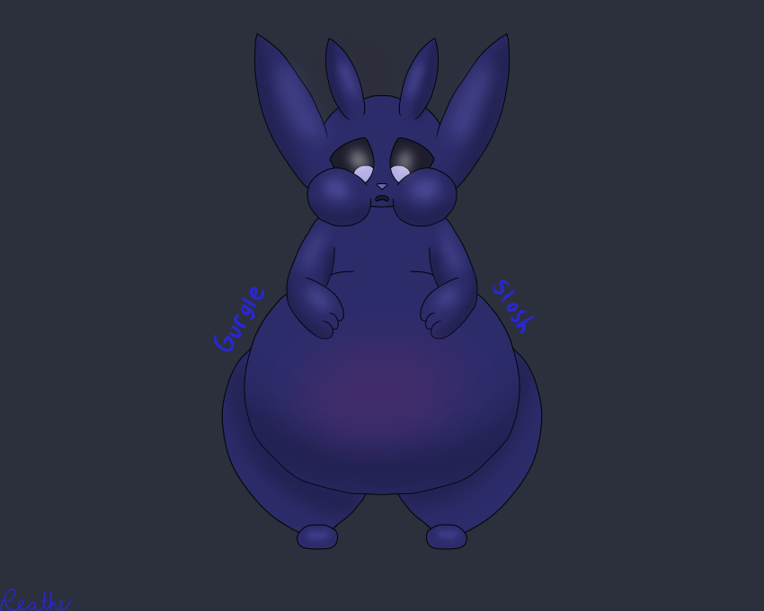 blue_body blueberry_inflation chubby_cheeks grey_background hand_on_stomach hi_res huge_belly huge_cheeks inflation ori_(ori) ori_(series) reathe rumbling_stomach simple_background sloshing_belly solo swelling thick_thighs worried