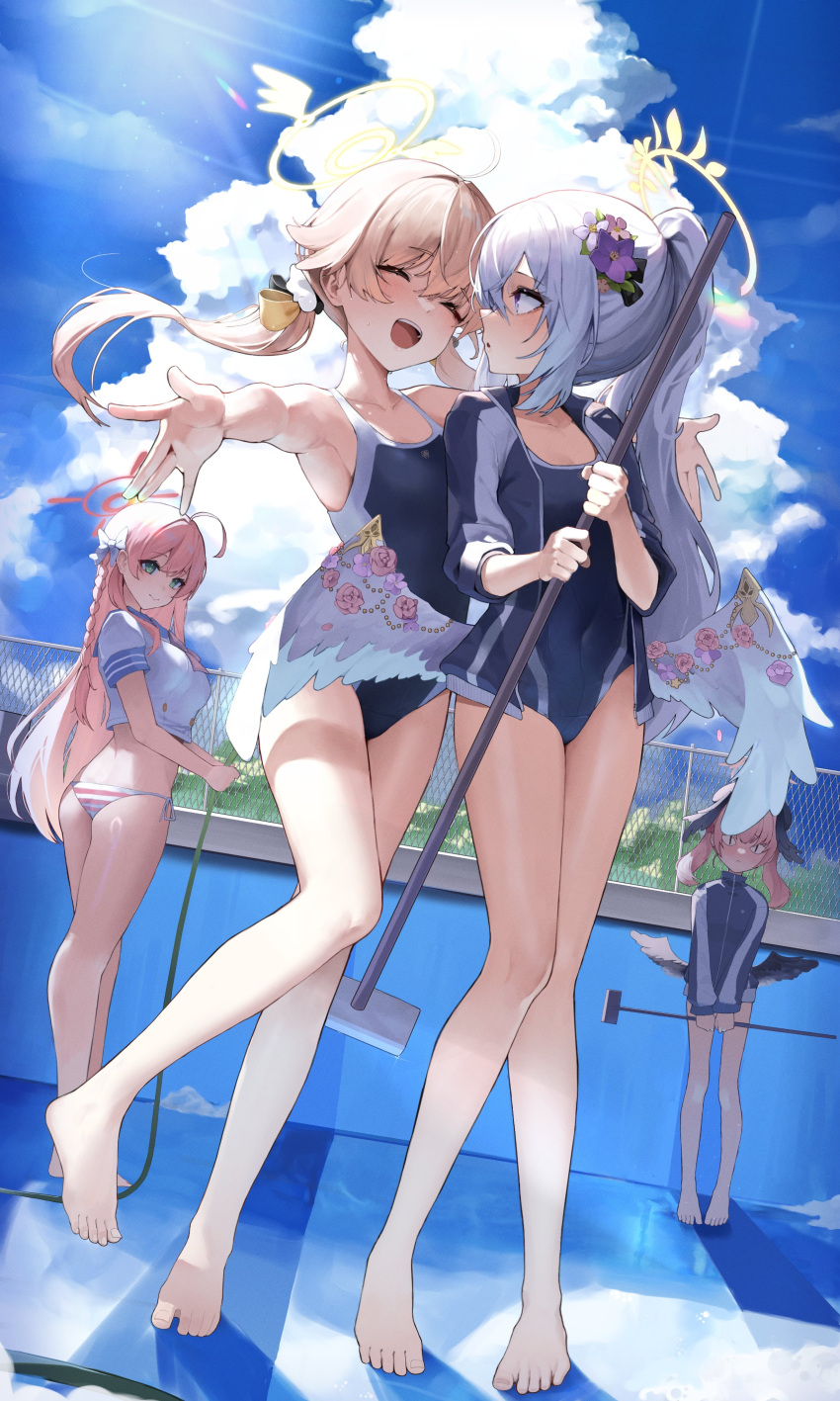 4girls ^_^ absurdres alternate_costume azusa_(blue_archive) bare_legs barefoot bikini blue_archive blue_one-piece_swimsuit closed_eyes covered_navel empty_pool full_body halo hanako_(blue_archive) hifumi_(blue_archive) highres holding holding_hose hose imminent_hug jacket koharu_(blue_archive) long_braid looking_at_another make-up_work_club_(blue_archive) multiple_girls one-piece_swimsuit outstretched_arms pomp_(qhtjd0120) ponytail pool school_uniform serafuku striped striped_bikini swimsuit track_jacket trinity_general_school_swimsuit twintails white_wings wings