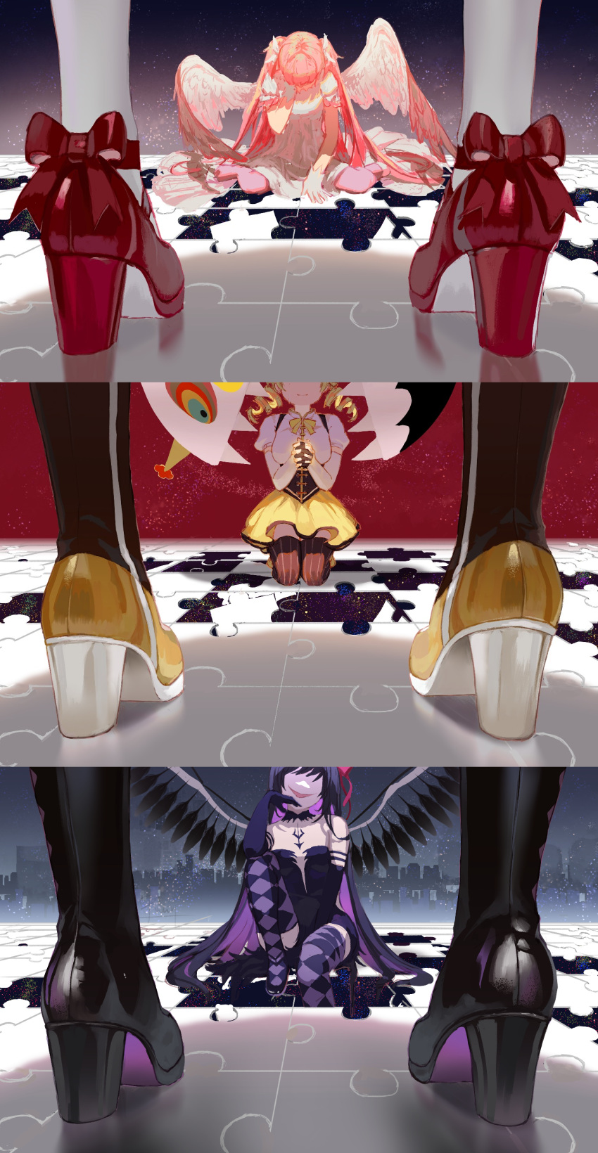 6+girls absurdres akemi_homura argyle argyle_legwear black_footwear black_hair black_thighhighs blonde_hair drill_hair gold_footwear high_heels highres kaname_madoka long_hair mahou_shoujo_madoka_magica medium_hair multiple_girls pink_hair pinlin puzzle_piece red_footwear seiza sitting spoilers thighhighs tomoe_mami twin_drills twintails white_thighhighs wings