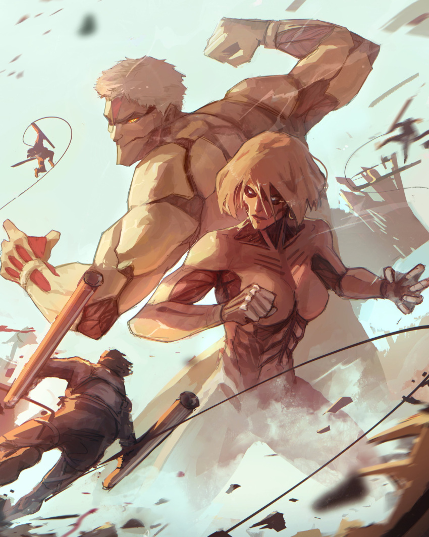 1boy 1girl absurdres armored_titan back-to-back battle blonde_hair breasts dust exposed_muscle feet_out_of_frame female_titan fighting_stance from_below giant giant_male giantess highres legs_apart muscular muscular_male shingeki_no_kyojin short_hair stephengiannart three-dimensional_maneuver_gear titan_(shingeki_no_kyojin)