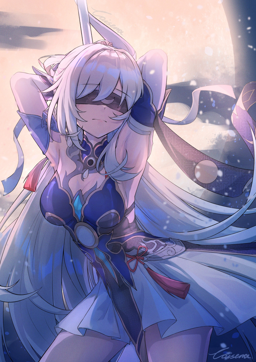 1girl absurdres armpits arms_up black_blindfold blindfold blue_dress breasts caisena cleavage closed_mouth commentary detached_sleeves dress duplicate full_moon hair_between_eyes highres honkai:_star_rail honkai_(series) huge_moon jingliu_(honkai:_star_rail) long_hair medium_breasts moon night pixel-perfect_duplicate ponytail sidelocks signature solo very_long_hair white_hair