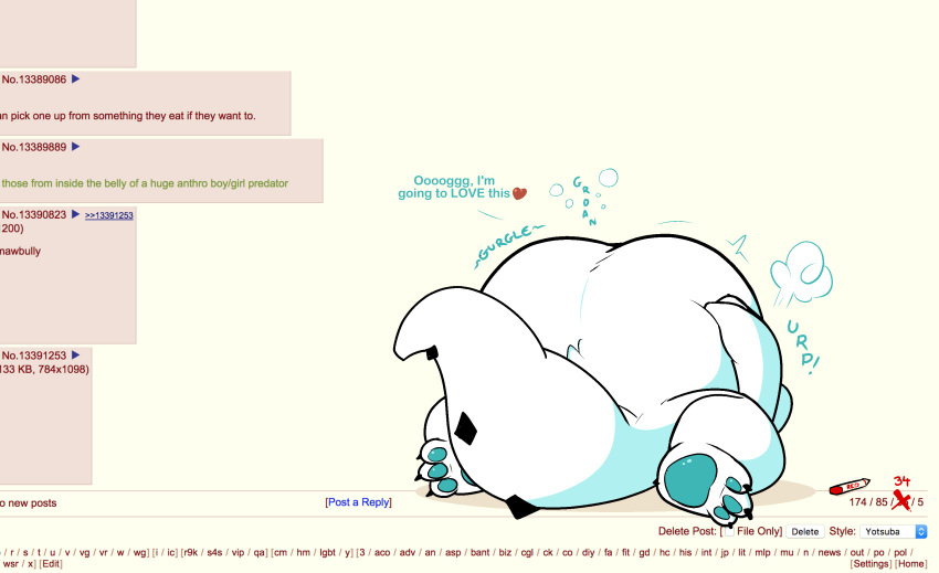 4chan_board absurd_res ambiguous_gender anonymous_artist anthro belly belly_expansion belly_overhang bloated blush blush_lines board claws colored coloured_pawpads digestion digestion_noises digestion_sequence digital_drawing_(artwork) digital_media_(artwork) english_text expansion exxy_(4chan) fur happy happy_pred hi_res horn humanoid hybrid looking_pleasured mouth_shot nails navel open_mouth paws rumbling_stomach satisfied soft_vore sound_effects tail text thick_tail thick_thighs vore weight_gain white_body white_fur wide_hips willing_pred willing_prey willing_vore
