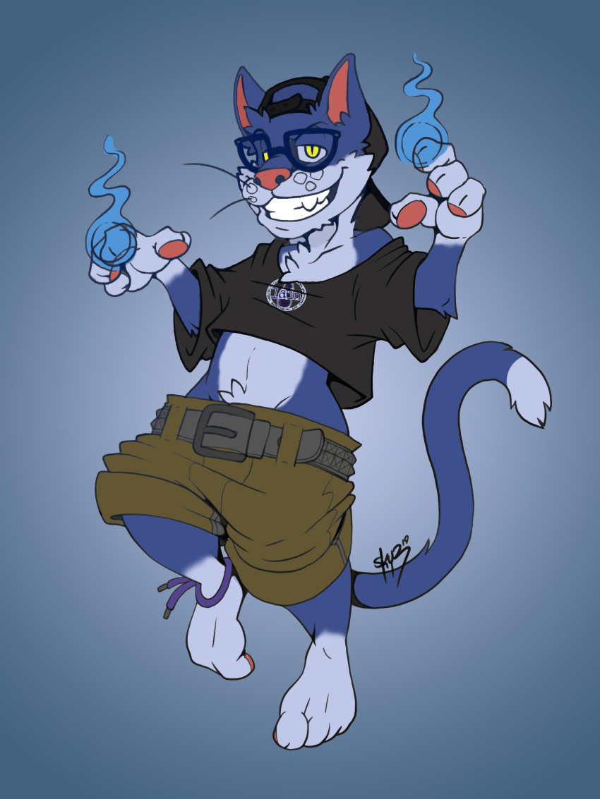 absurd_res anklet anthro backwards_baseball_cap backwards_hat baggy_clothing baggy_shorts baggy_topwear baseball_cap big_belt big_belt_buckle blue_body blue_fire blue_fur bottomwear cargo_shorts casuallynoted cat_(casuallynoted) clothing colored_fire crop_top domestic_cat eyewear felid feline felis fire fur glasses gradient_background grin hat headgear headwear hi_res jewelry magic male mammal shirt shorts simple_background sky3 sly smile solo stylized tail tan_bottomwear tan_clothing tan_shorts topwear whiskers white_body white_fur