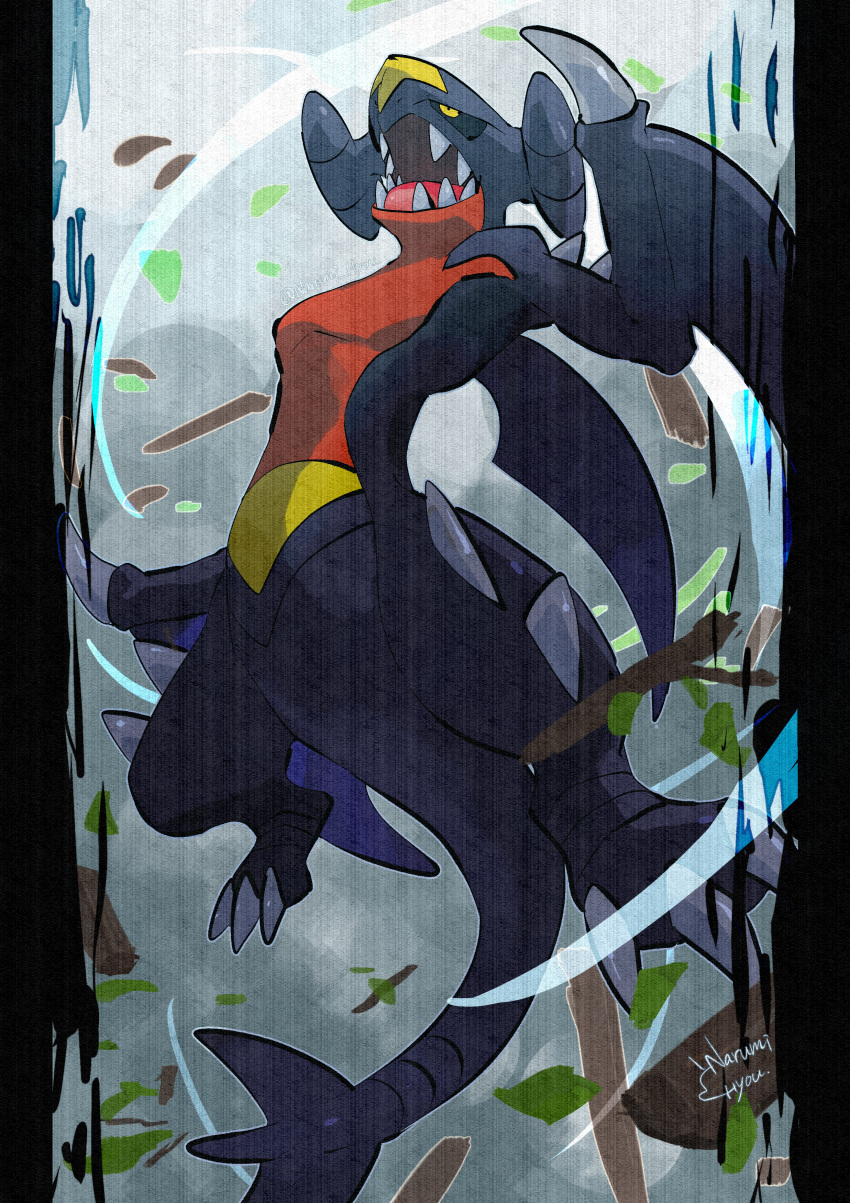 absurdres black_sclera claws colored_sclera cutting dynamic_pose garchomp grey_background highres leaf narumi_hyou no_humans one-hour_drawing_challenge open_mouth pokemon pokemon_(creature) sharp_teeth signature solo stick teeth yellow_eyes