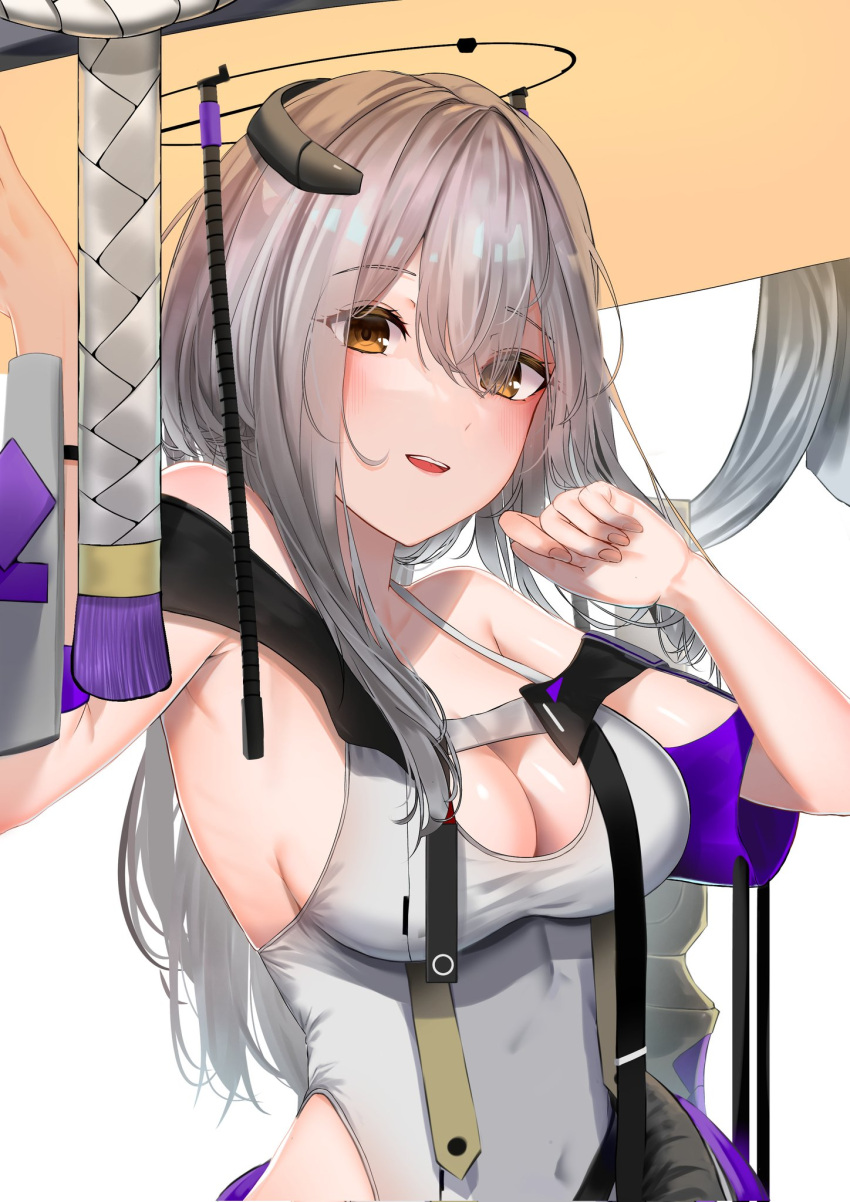 1girl arm_up bare_shoulders breasts brown_eyes cleavage covered_navel cup eix2 goddess_of_victory:_nikke grey_hair hair_between_eyes hair_ornament hairpin hand_up hat highres holding holding_cup jingasa large_breasts leotard long_hair looking_at_viewer open_mouth scarlet_(nikke) simple_background smile solo standing upper_body white_background white_leotard