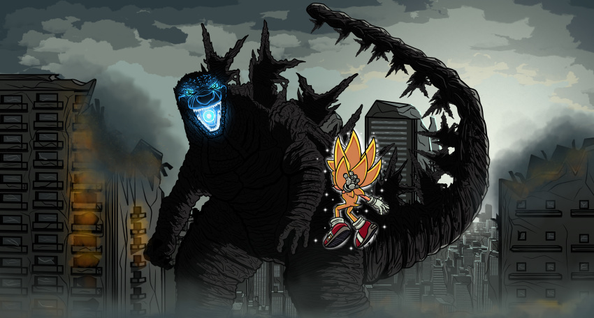absurd_res angry anthro blue_archer_(artist) city clothing cloudy crossover destroyed_building destruction duo eulipotyphlan feral fire glowing glowing_eyes godzilla godzilla_(series) hedgehog hi_res lizard male mammal monster reptile scalie sega smoke sonic_the_hedgehog sonic_the_hedgehog_(series) toho