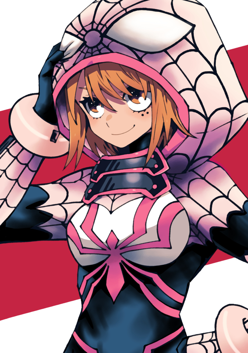 1girl batchgooya black_bodysuit black_gloves blush bodysuit breasts brown_eyes gloves hand_on_own_hip hida_haruka highres hood hood_up hooded_bodysuit marvel medium_breasts multicolored_bodysuit multicolored_clothes pink_bodysuit sakura_spider smile solo superhero upper_body