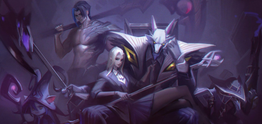 2girls 3boys alternate_costume amekoi armor black_headwear blonde_hair chair ears_through_headwear furry furry_male gun hand_up highres holding holding_gun holding_scythe holding_staff holding_weapon kayn_(league_of_legends) league_of_legends long_hair looking_at_viewer lulu_(league_of_legends) lux_(league_of_legends) lying_on_lap mask miniskirt multiple_boys multiple_girls nasus necktie necktie_grab neckwear_grab pants pleated_skirt pointy_ears rat_boy scythe single_bare_shoulder sitting skirt smile staff striped striped_pants twitch_(league_of_legends) weapon wolf_boy yordle