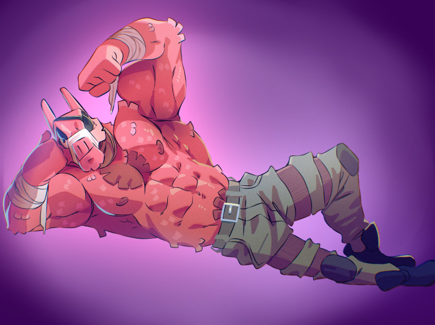 abs animate_inanimate anthro bandage bandaged_arm belt biceps boots bottomwear camelid clothed clothing epic_games eye_patch eyewear flexing_bicep footwear fortnite fur hi_res legband living_pinata llama looking_at_viewer lt._john_llama male mammal muscular muscular_anthro muscular_male navel nipples on_ground pants pecs pinata pink_body pink_fur pinup pose pubes purple_background simple_background solo tiggon_the_great topless topless_anthro topless_male tufted_fur