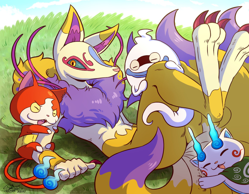 blue_sky closed_eyes cuddling day ghost grass highres hug jibanyan komasan kyuubi_(youkai_watch) lying no_humans on_back open_mouth outdoors sky spice-leaf traditional_youkai whisper_(youkai_watch) youkai_watch