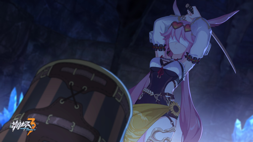 animal_ears arms_up blindfold breasts cave_interior chinese_commentary cleavage closed_mouth flower heart heart-shaped_eyewear highres holding holding_sword holding_weapon honkai_(series) honkai_impact_3rd imminent_hit indoors large_breasts logo long_hair official_alternate_costume official_art official_wallpaper pink_hair rabbit_ears standing sunflower sword very_long_hair weapon white_blindfold white_sleeves yae_sakura yae_sakura_(goushinnso_memento)