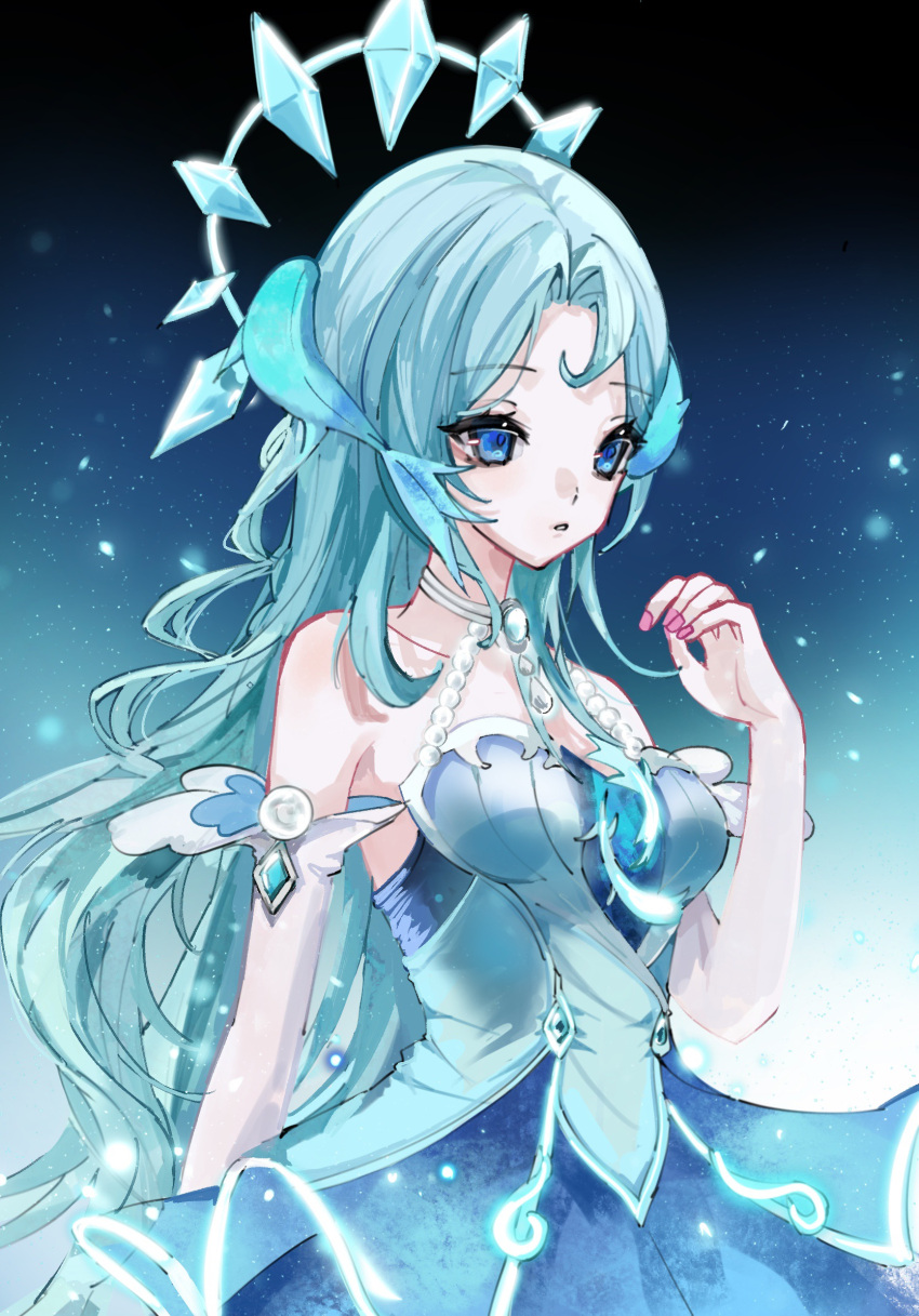 1girl bare_shoulders beads blue_dress blue_eyes blue_hair blue_halo detached_sleeves douluo_dalu dress fins fish_tail from_side gradient_background hair_ornament halo highres jewelry long_hair parted_lips pink_nails solo tail tang_wutong_(douluo_dalu) upper_body yao_laoban