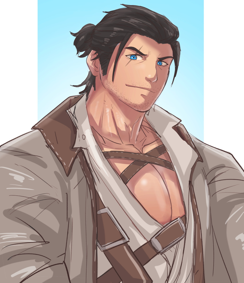 1boy absurdres adventurer_(ff14) bara blue_eyes chest_harness cropped_torso final_fantasy final_fantasy_xiv final_fantasy_xiv_dawntrail hair_slicked_back harness highres large_pectorals leather_belt looking_at_viewer looking_to_the_side male_focus mature_male medium_hair mustache_stubble pectoral_cleavage pectorals peng7499 scar scar_across_eye smile solo thick_eyebrows two-tone_background upper_body warrior_of_light_(ff14)