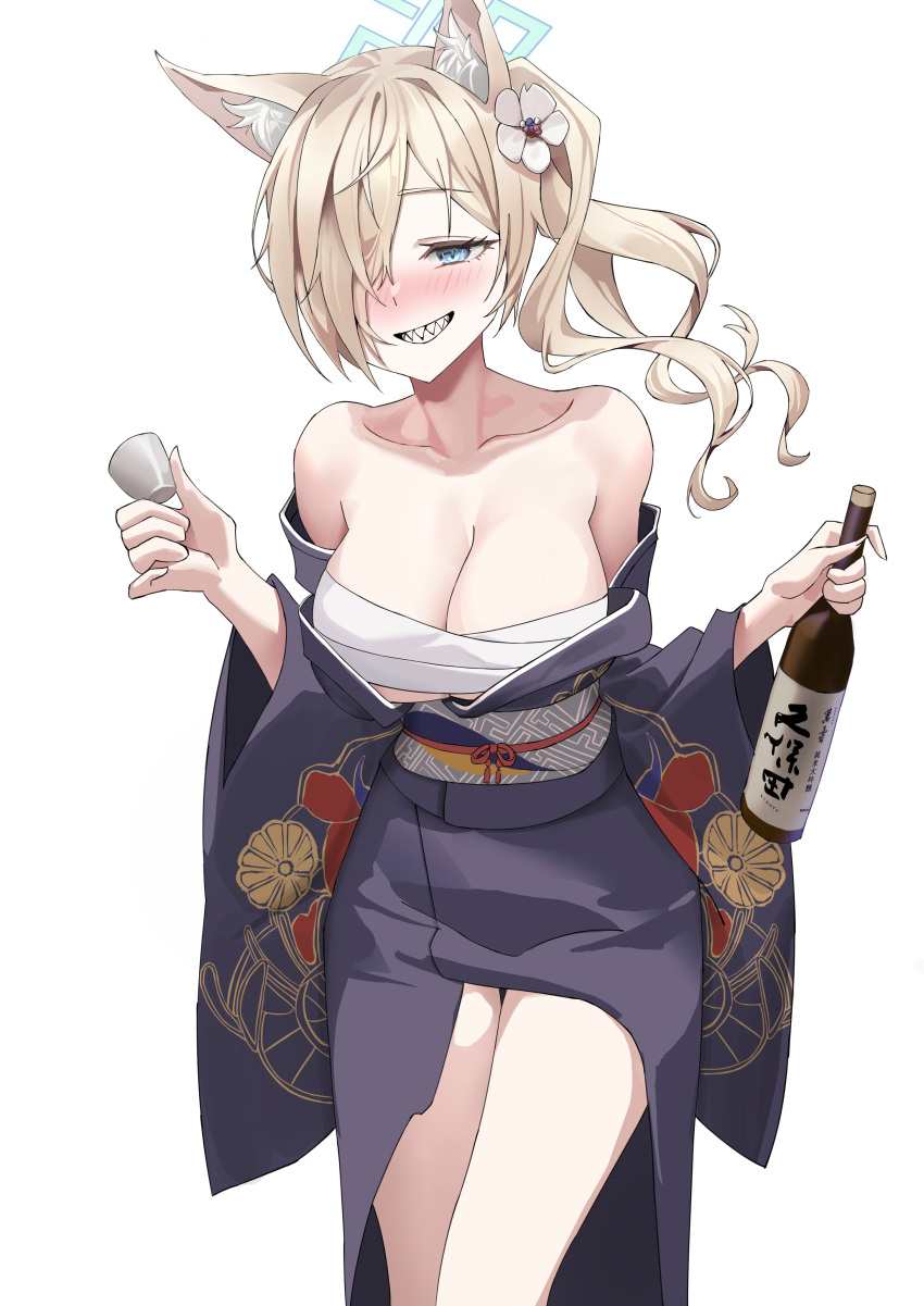 1girl absurdres animal_ears bare_shoulders blonde_hair blue_archive blue_eyes blue_halo blush bottle breasts chest_sarashi collarbone cup drunk espresso_1004 flower hair_flower hair_ornament hair_over_one_eye halo highres holding holding_bottle holding_cup japanese_clothes kanna_(blue_archive) kimono large_breasts obi ponytail purple_kimono sarashi sash sharp_teeth simple_background solo teeth white_background white_flower