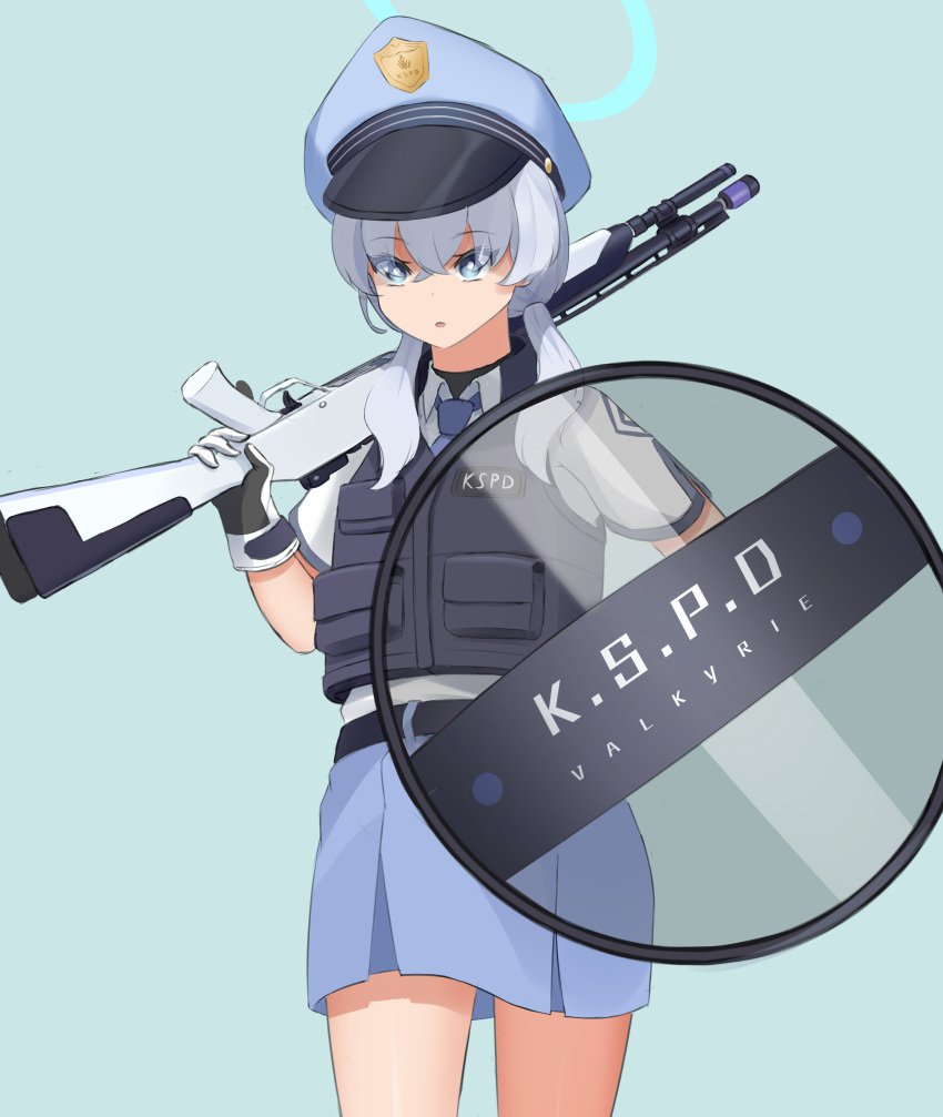 1girl absurdres beretta_1301 blue_archive bulletproof_vest gun halo hat highres necktie noix police_hat riot_shield shield shotgun skirt valkyrie_police_academy_student_(blue_archive) vest weapon