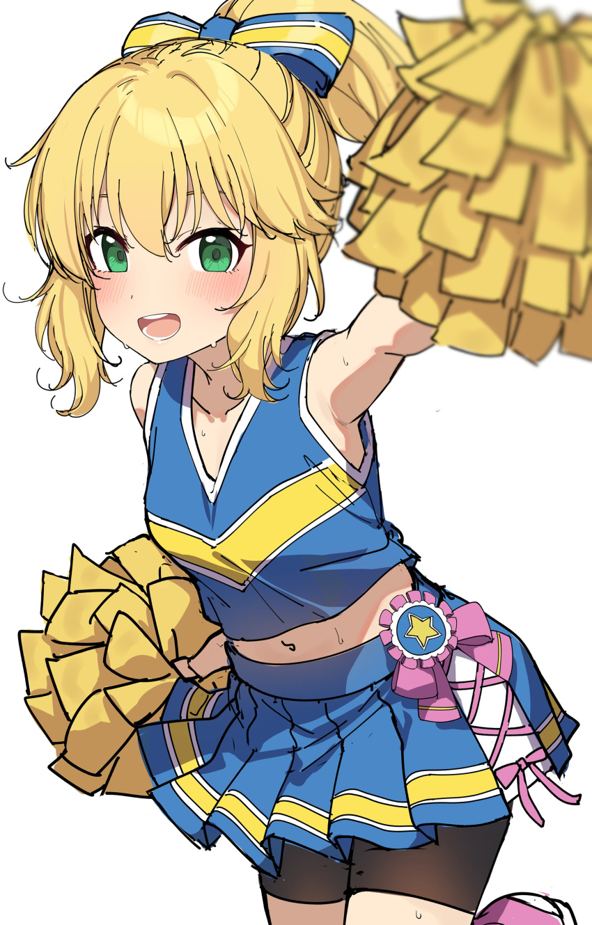 1girl absurdres bike_shorts bike_shorts_under_skirt blonde_hair bow cheerleader collarbone cropped_shirt foreshortening go-1 hair_bow highres holding holding_pom_poms idolmaster idolmaster_cinderella_girls looking_at_viewer midriff miniskirt navel pleated_skirt pom_pom_(cheerleading) ponytail sakurai_momoka shirt sidelocks simple_background skirt sleeveless sleeveless_shirt solo sweatdrop white_background