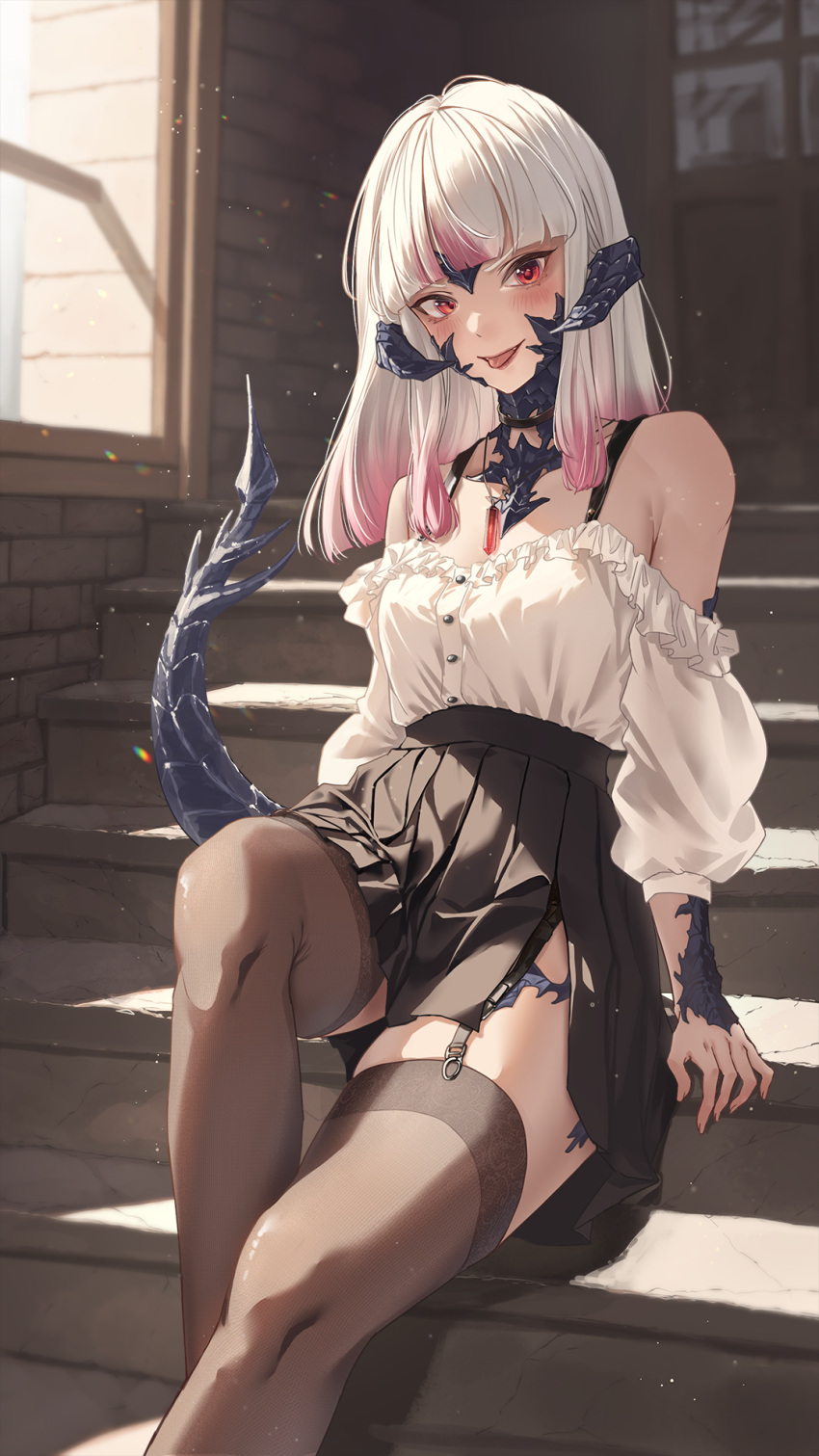 1girl :p arms_at_sides au_ra bare_shoulders black_skirt blouse blunt_bangs blush brown_pantyhose buttons choker commission day dust fangs feet_out_of_frame final_fantasy final_fantasy_xiv fingernails frills garter_straps gem head_tilt highres horns jewelry junkichi_gbf looking_at_viewer miniskirt multicolored_hair off_shoulder pantyhose pendant pink_hair pleated_skirt red_eyes scales shirt side_slit sitting sitting_on_stairs skeb_commission skirt smile solo stairs sunlight tail thighhighs tongue tongue_out two-tone_hair warrior_of_light_(ff14) white_hair white_shirt zettai_ryouiki
