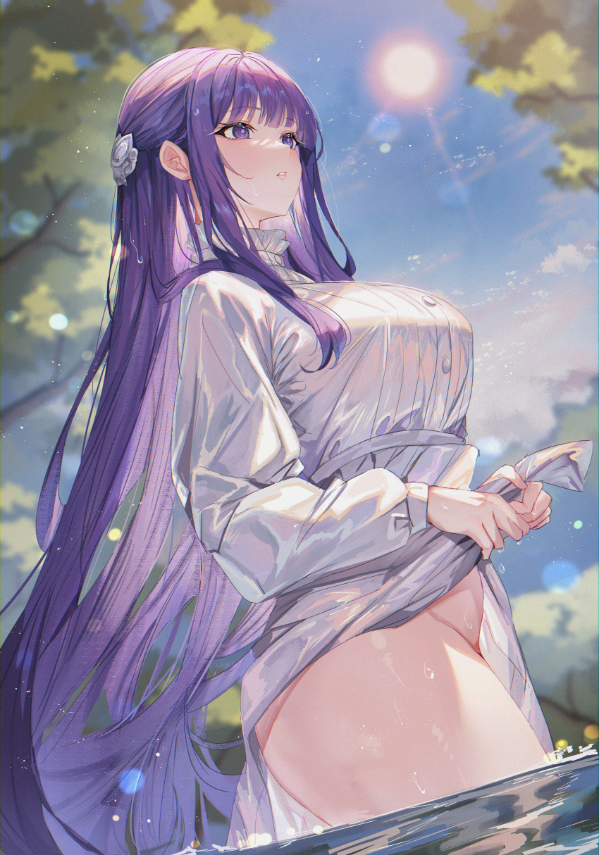 1girl absurdres blue_sky blunt_bangs breasts cloud day dress fern_(sousou_no_frieren) highres large_breasts long_hair outdoors parted_lips partially_submerged purple_eyes purple_hair shanguier sky solo sousou_no_frieren sun thighs water wet wet_clothes wet_dress wet_hair white_dress