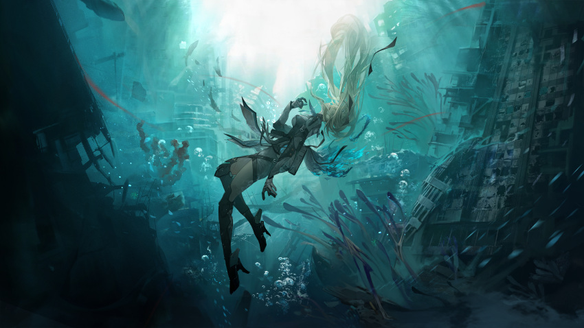 1girl absurdres air_bubble bianca_(punishing:_gray_raven) black_bodysuit black_ribbon blonde_hair bodysuit bubble building closed_eyes coral_reef floating floating_hair full_body hair_ribbon head_wreath highres long_hair mechanical_legs official_art official_wallpaper ponytail punishing:_gray_raven ribbon ruins seaweed simple_fish sinking solo torn_clothes underwater very_long_hair xiao_feng
